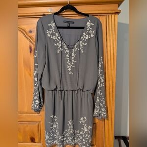 White House Black Market Gray Dress with White Embroidery